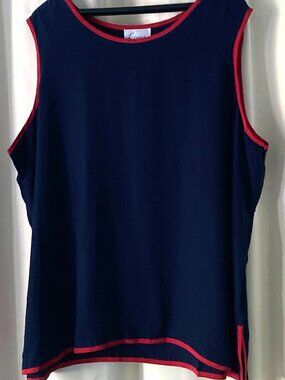 Linea Louis Dell'Olio Silk Sleeveless Shell Top Navy Red Trim Plus Size 2X